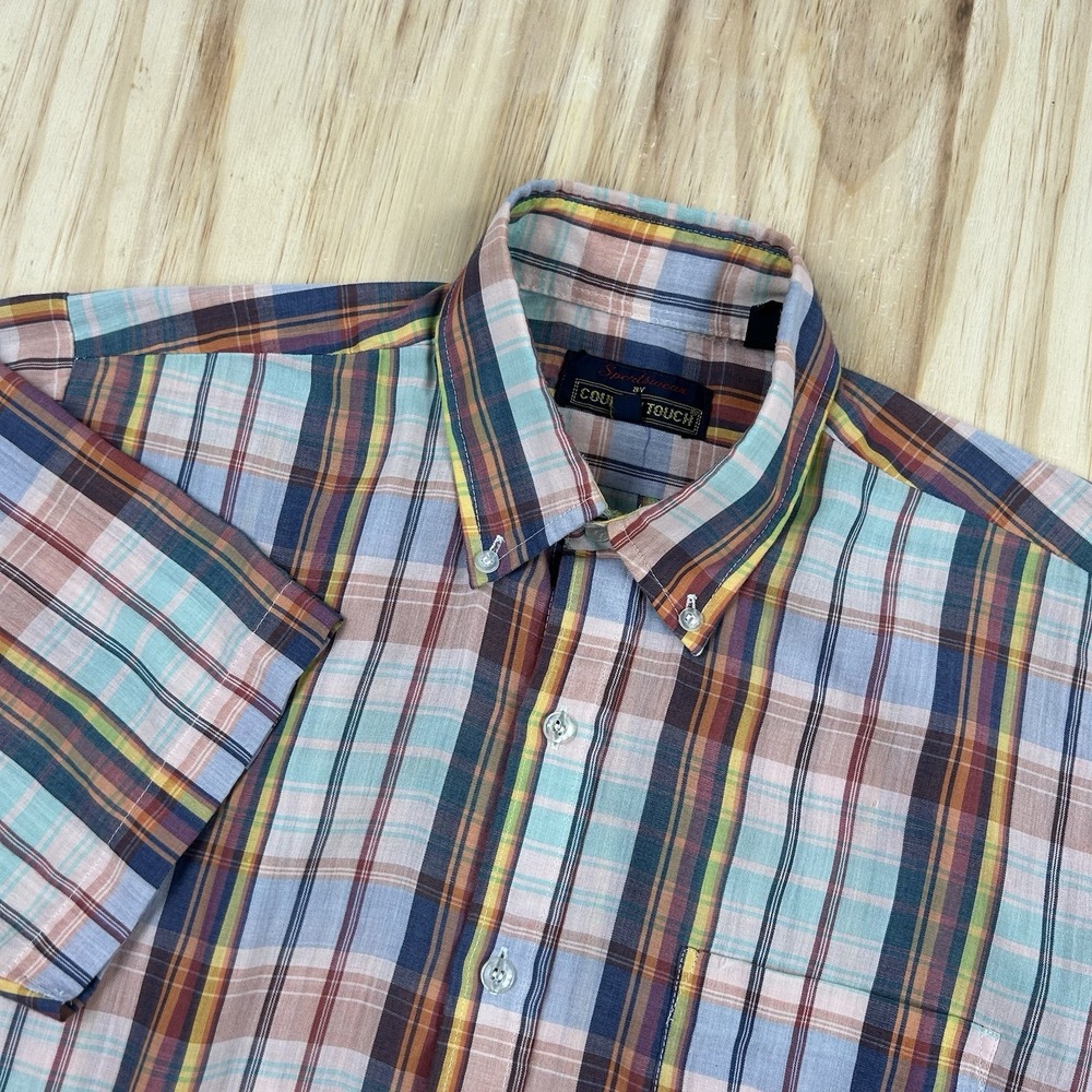 Vintage 70s Men's Rainbow Plaid Button Shirt Medium Short Sleeve Sports Country